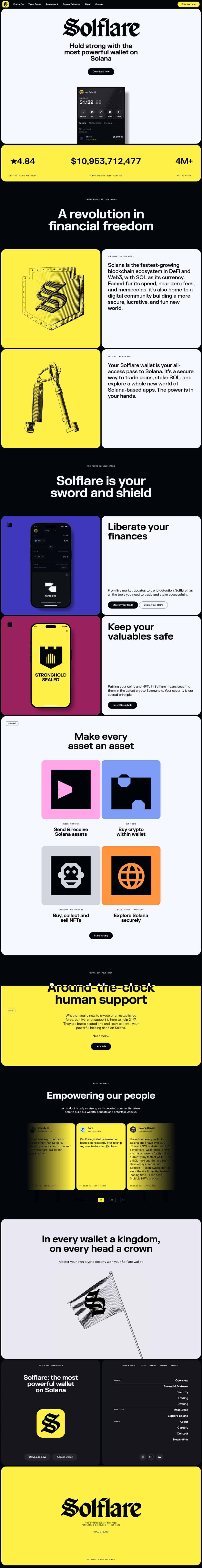 Single-page landing layout with black and yellow branding and feature panels.