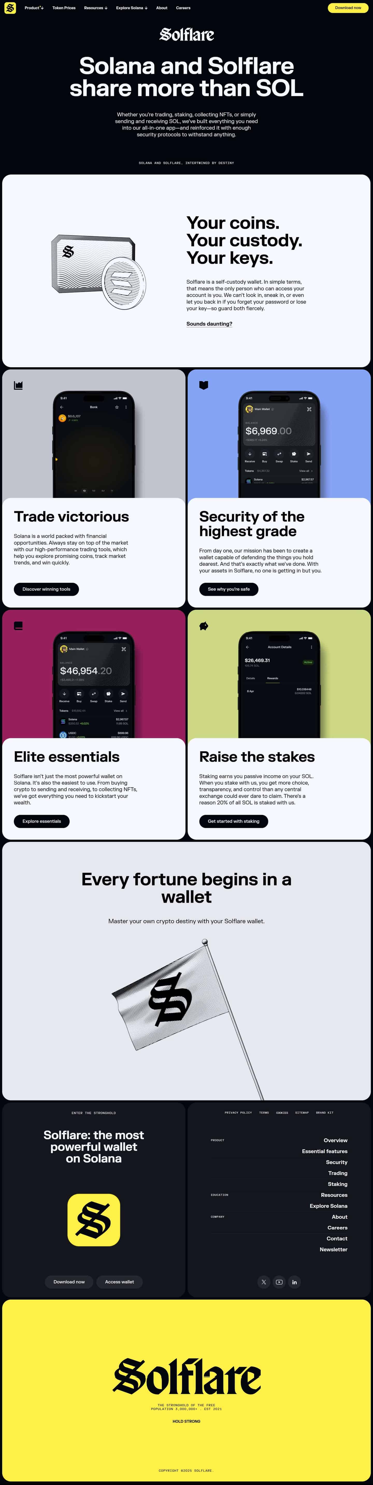 Dark product landing page with hero headline and phone mockups arranged in a feature grid.
