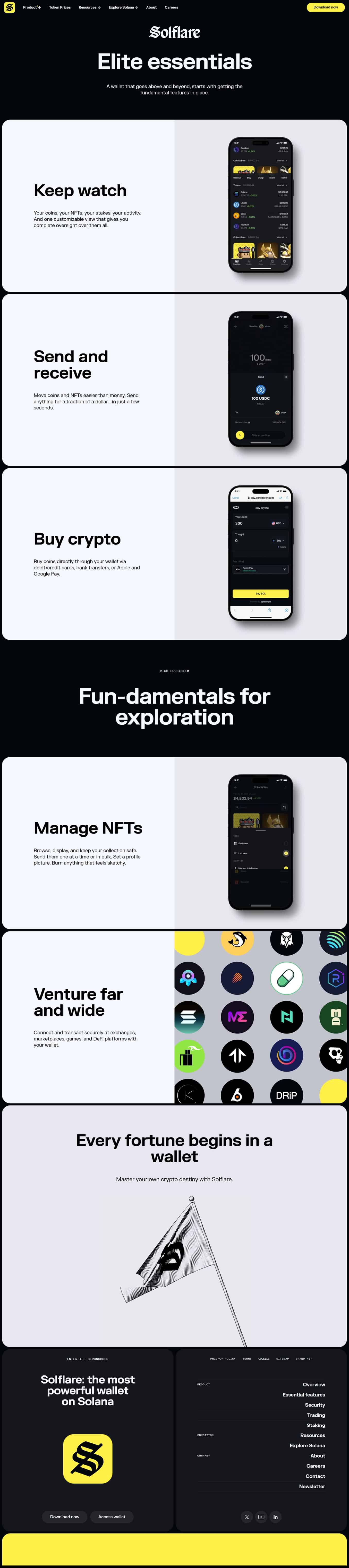 A mobile wallet product page layout with stacked sections and rounded cards, showing headings and device images.