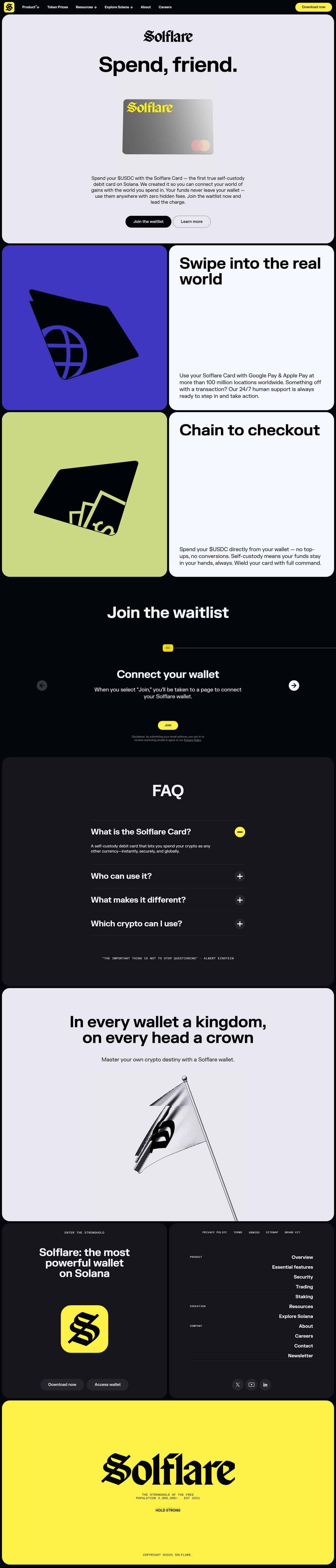 A vertical webpage layout featuring Solflare branding with a hero section, product cards in bold blocks, and a dark FAQ area followed by light promotional panels.
