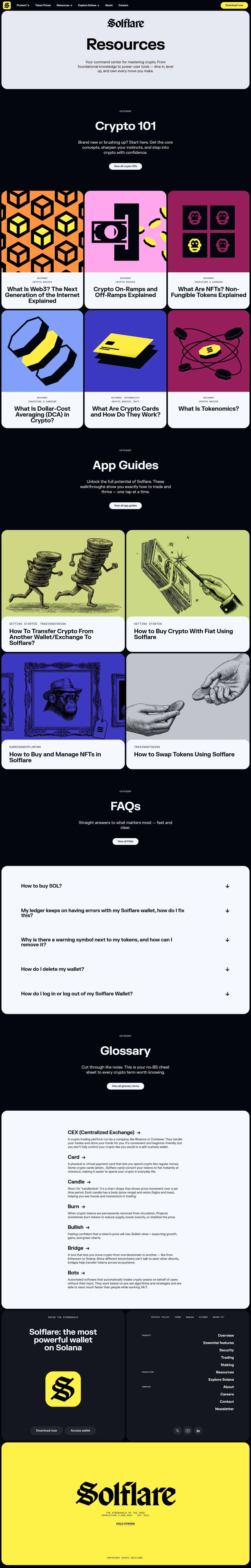 A gallery-style Resources page with a dark header, card tiles in bright colors, and white rounded panels for articles and guides.