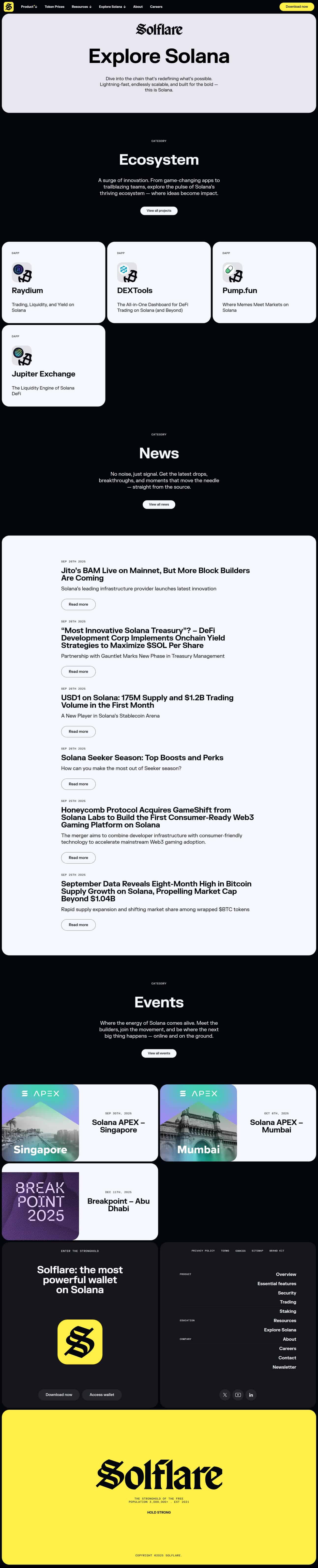 Dark themed homepage showing a hero banner, ecosystem cards, news list, and events cards.