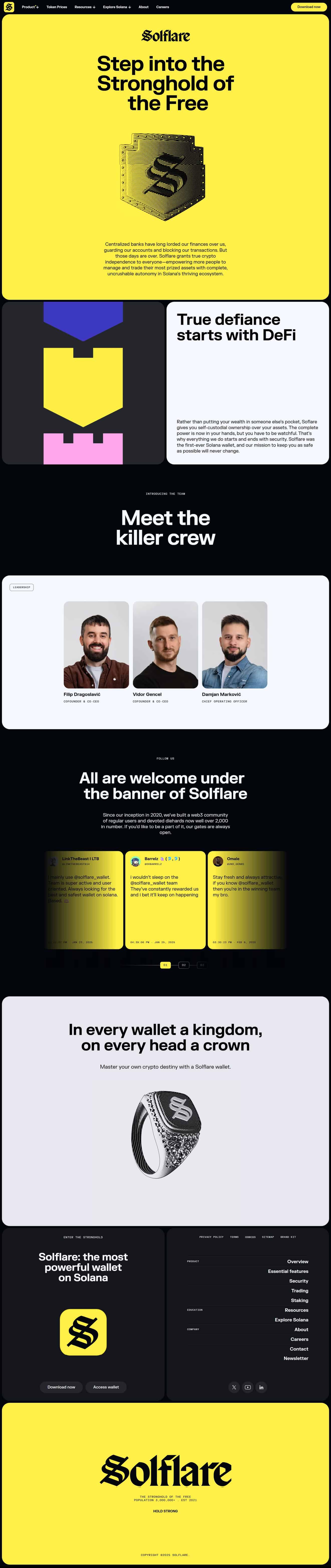 Landing page with bright yellow hero, bold black headline, and team photos.