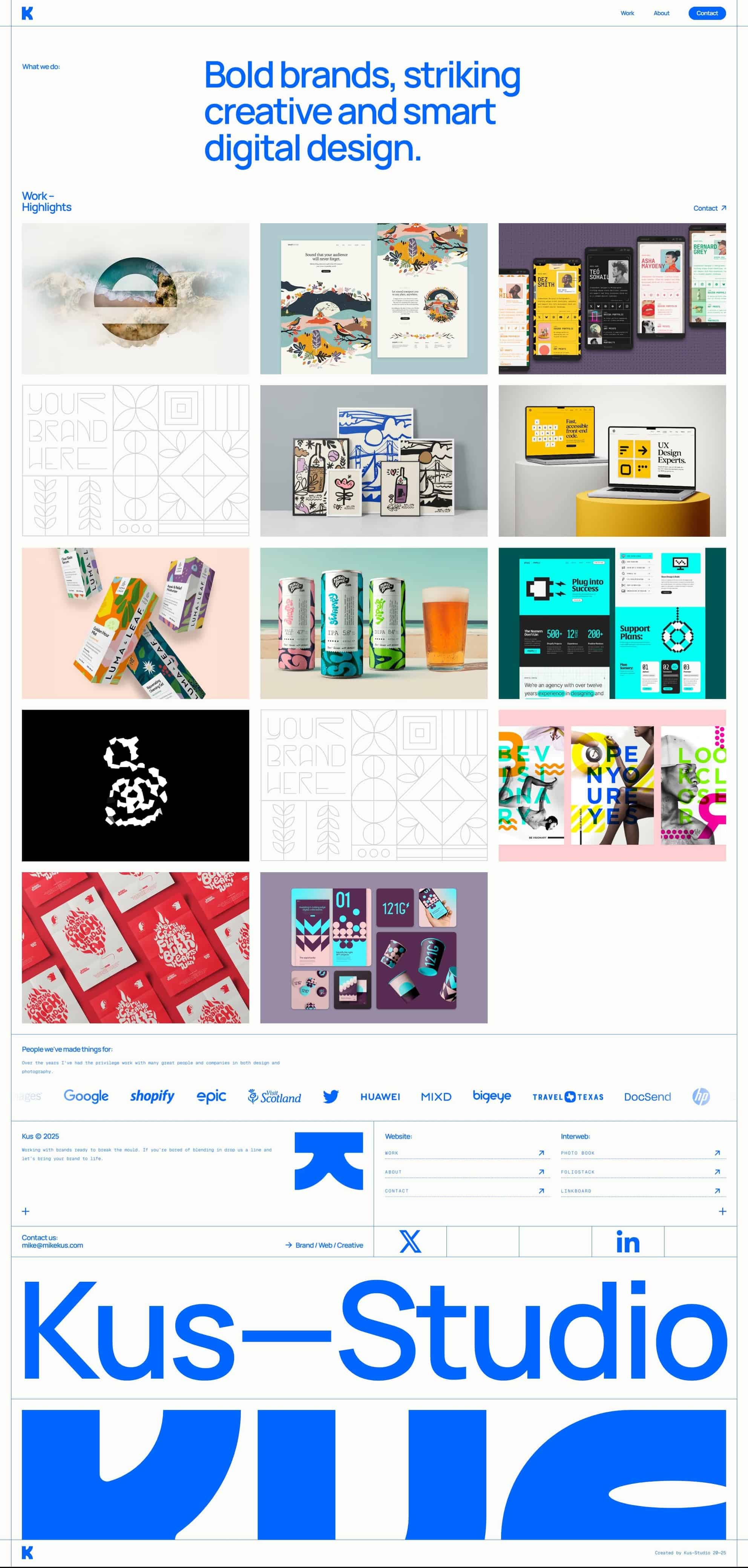 Minimal portfolio website layout with large blue headline, grid of project thumbnails, and oversized blue logotype at the bottom.