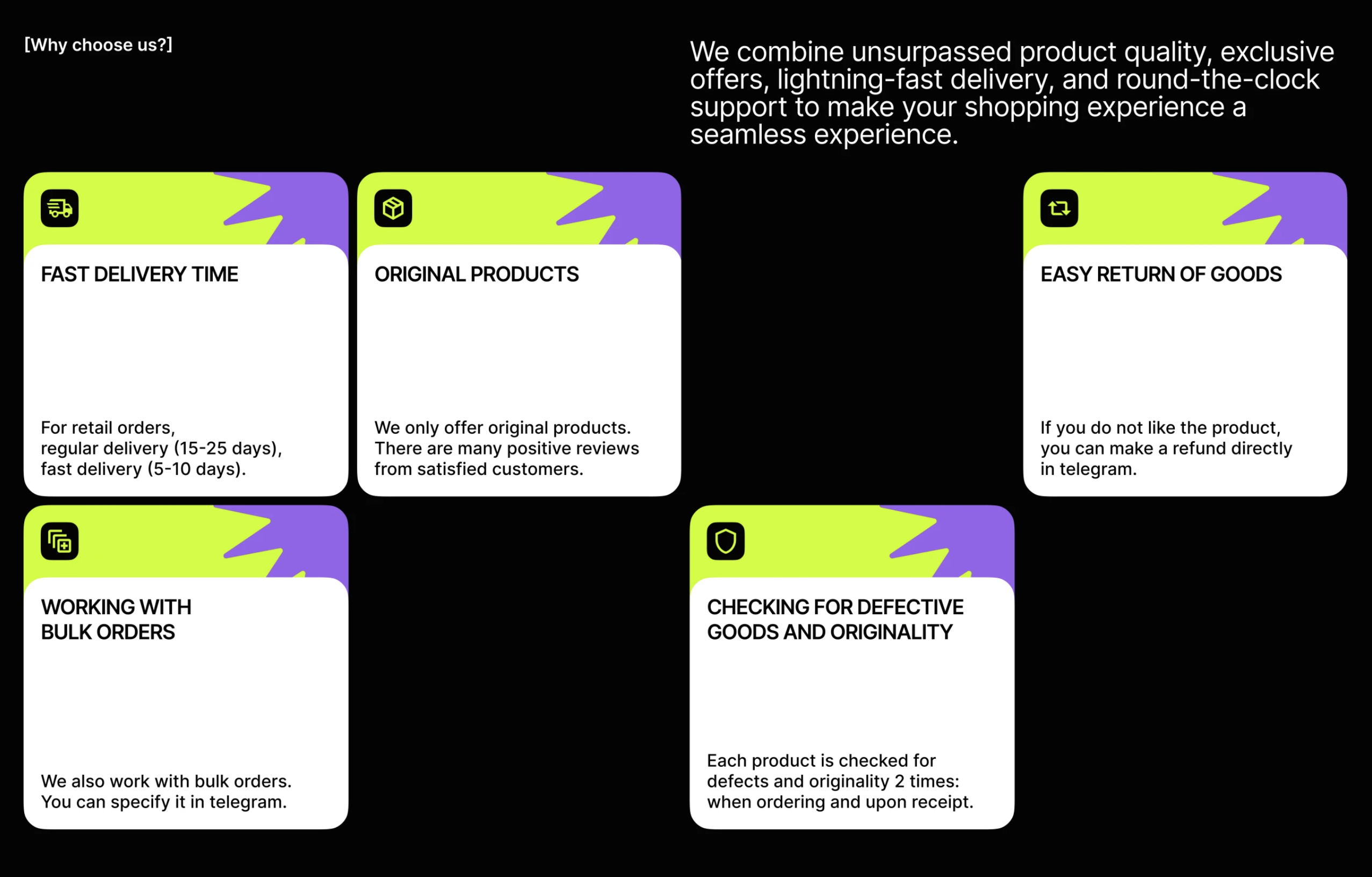Dark webpage layout with three rounded white cards featuring neon green and purple headers and bold headings about delivery, original products, and returns.