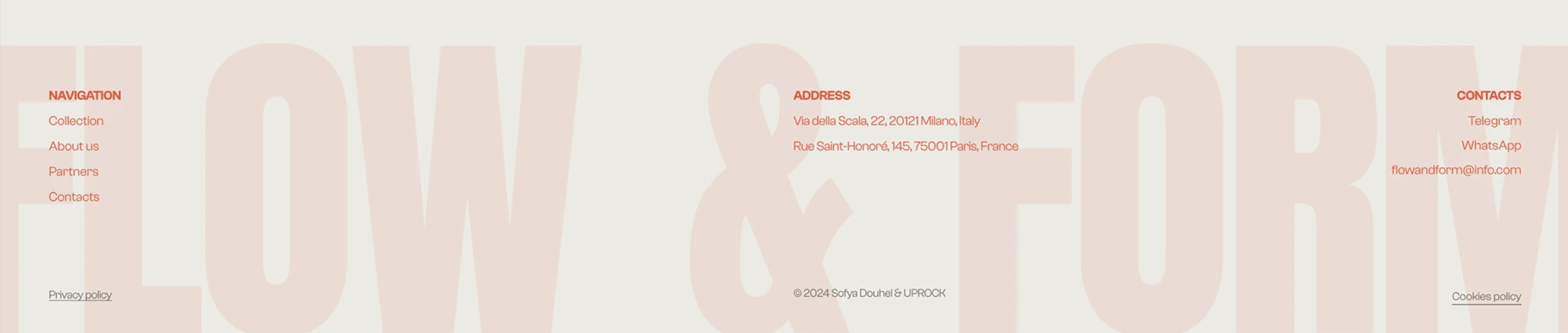 Wide three-column footer with navigation links, address block, and contact links over a pale background with a faint oversized word behind the content.