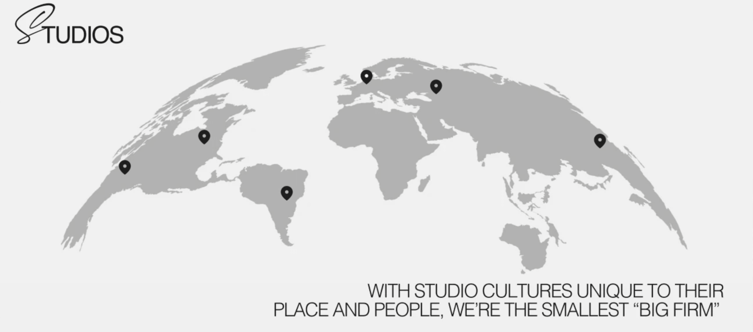 Wide grayscale world map with six dark map-pin markers placed across continents and a stylized wordmark in the top left corner.
