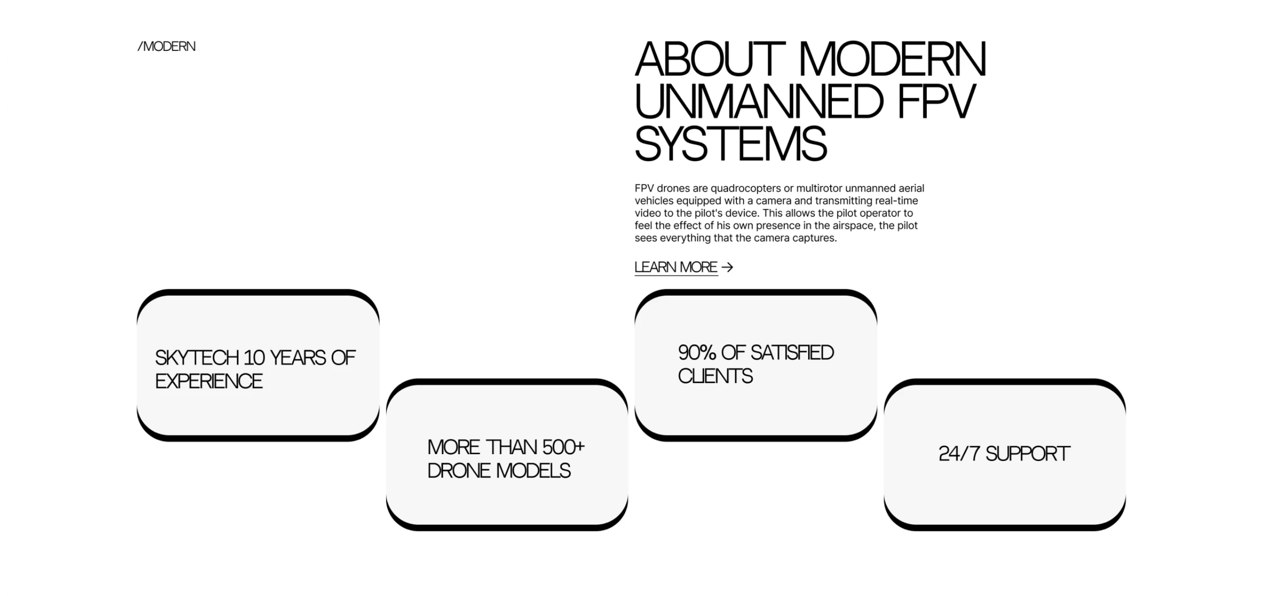 Minimal webpage hero with large right-aligned headline and four feature cards below.