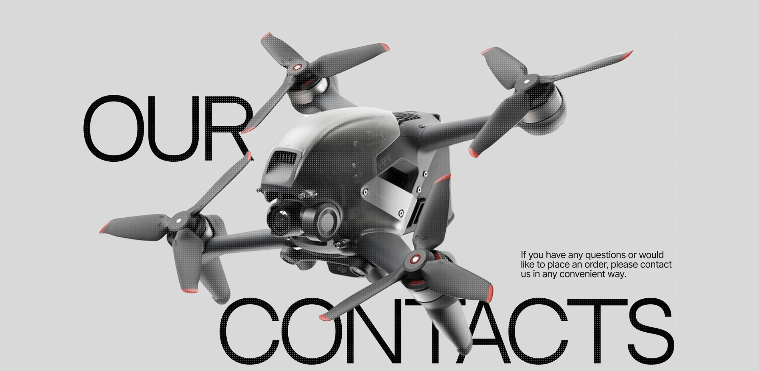 Grayscale quadcopter drone floating beside a large headline typeface.