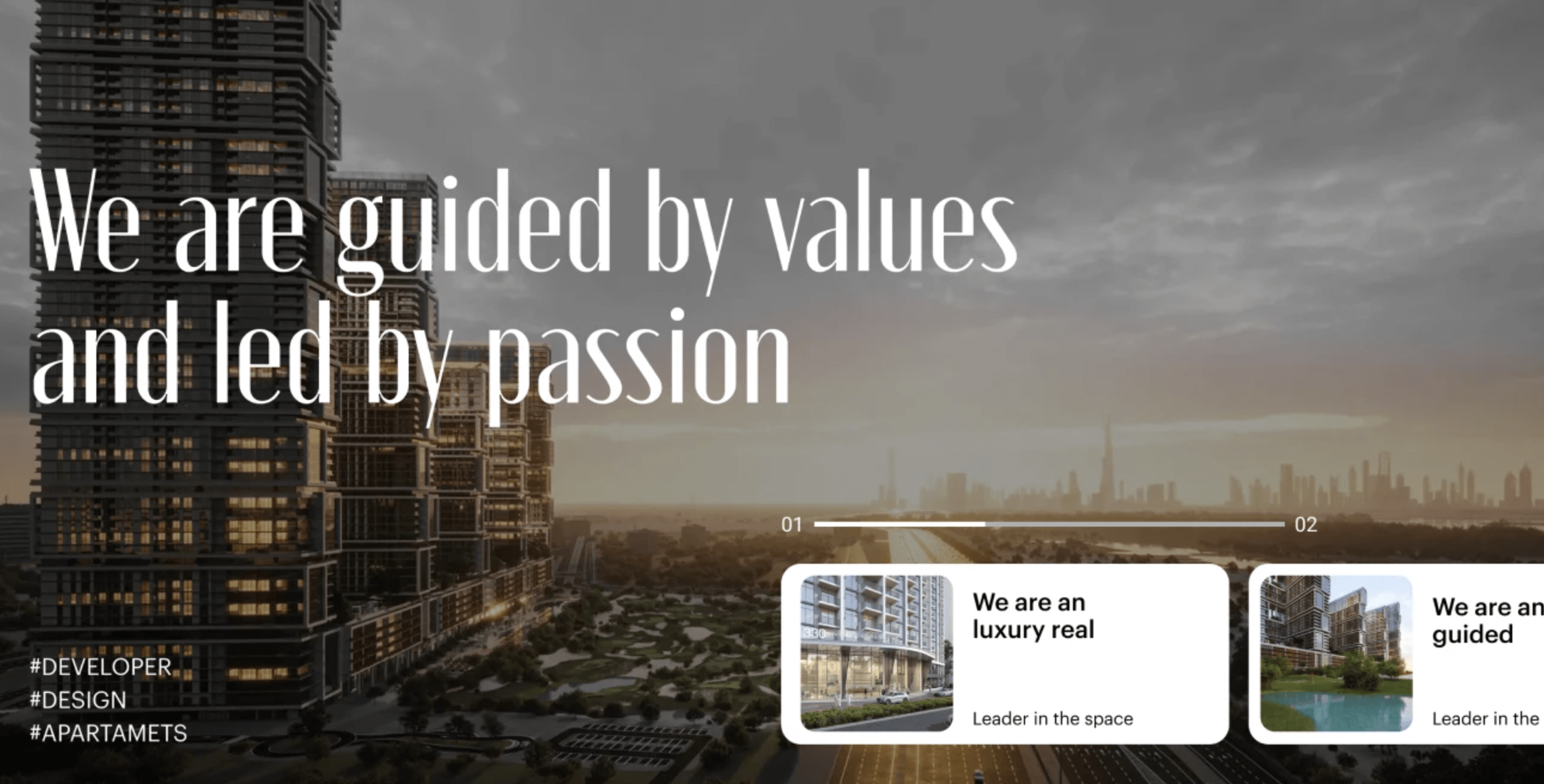 A cityscape hero image with tall buildings and a skyline at sunset, featuring large white typography across the left side and a row of rounded cards at the bottom right.