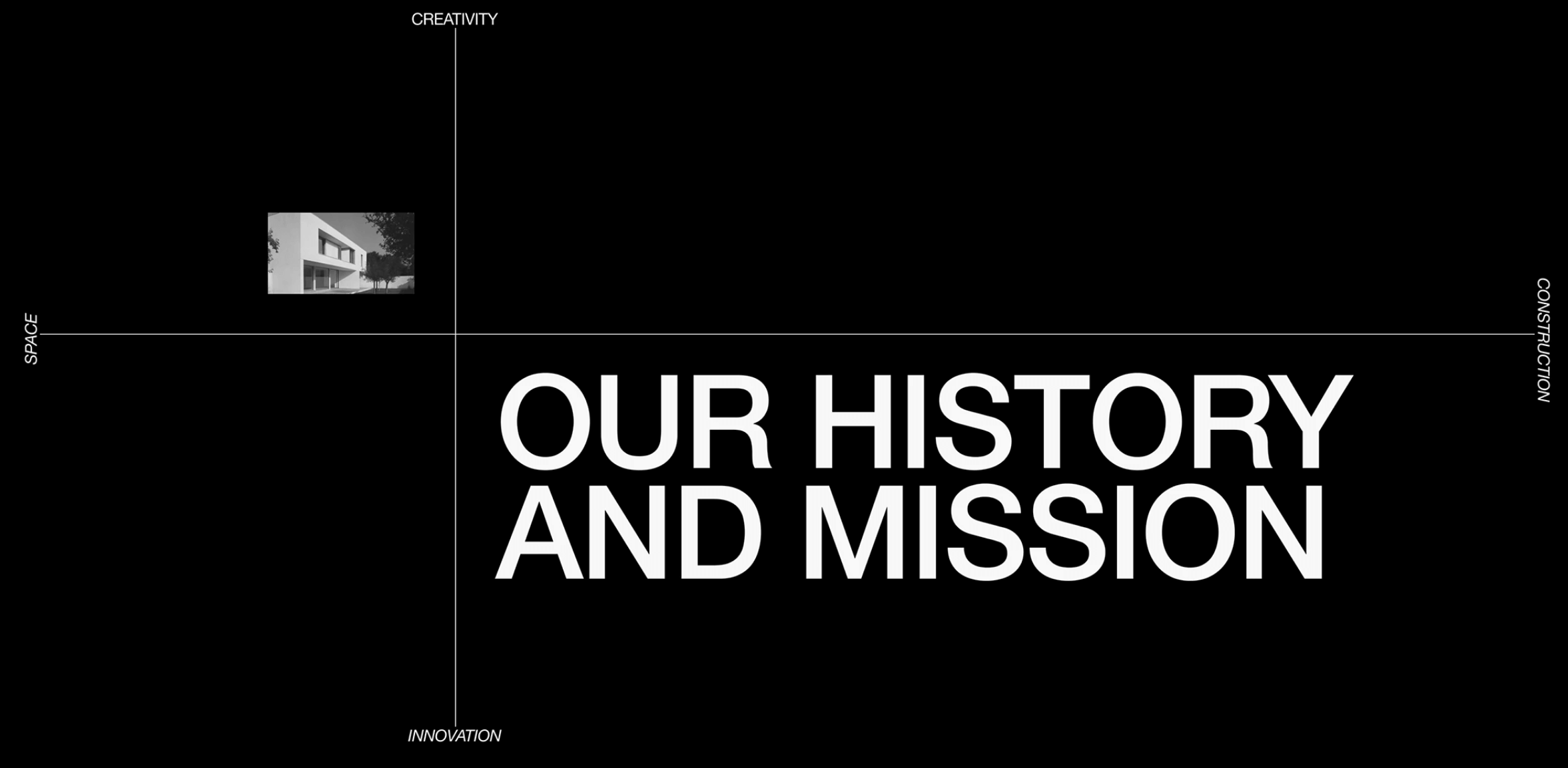 Black webpage layout with large white headline reading "OUR HISTORY AND MISSION" and minimal grid lines dividing the space.