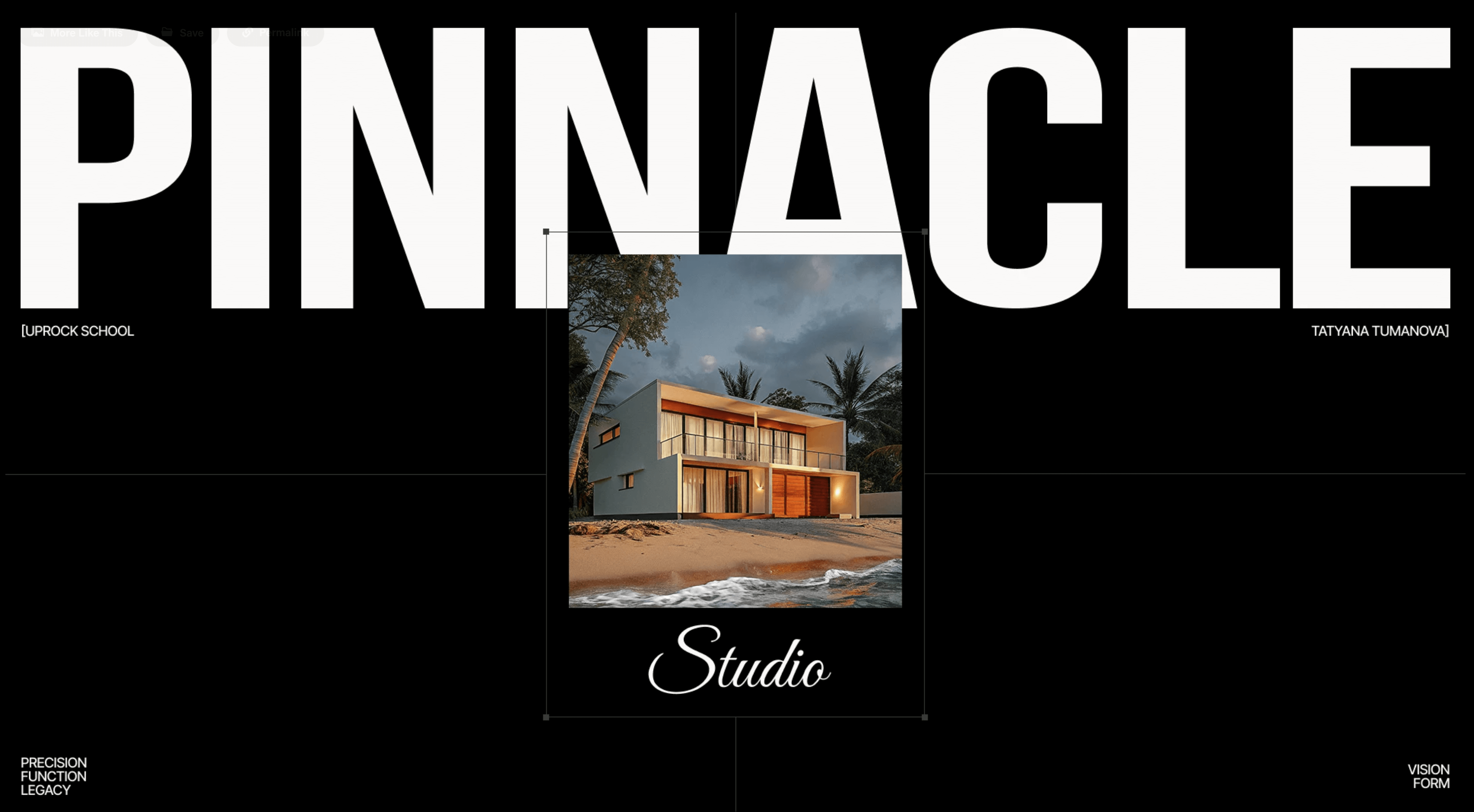 Dark webpage with a large white headline and centered vertical photo of a modern beach house with a script label below.