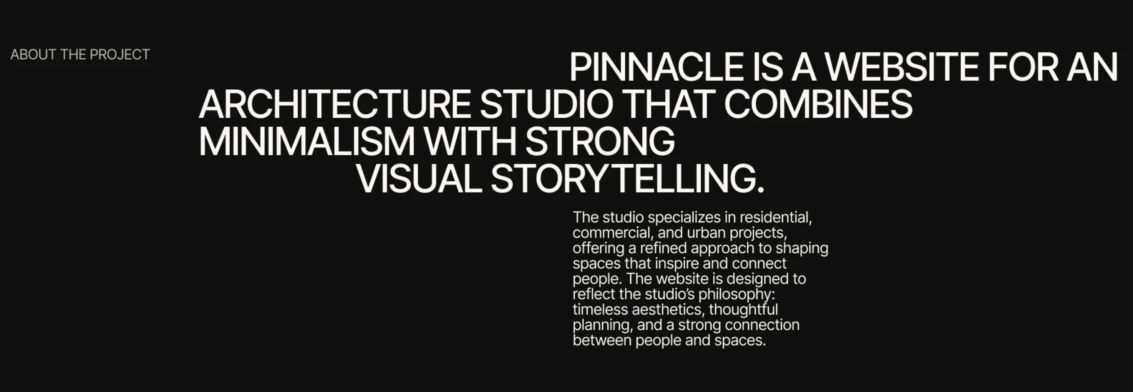 A dark webpage with a bold, oversized white headline spanning multiple lines and a smaller paragraph on the right, showing a minimal architectural studio concept.