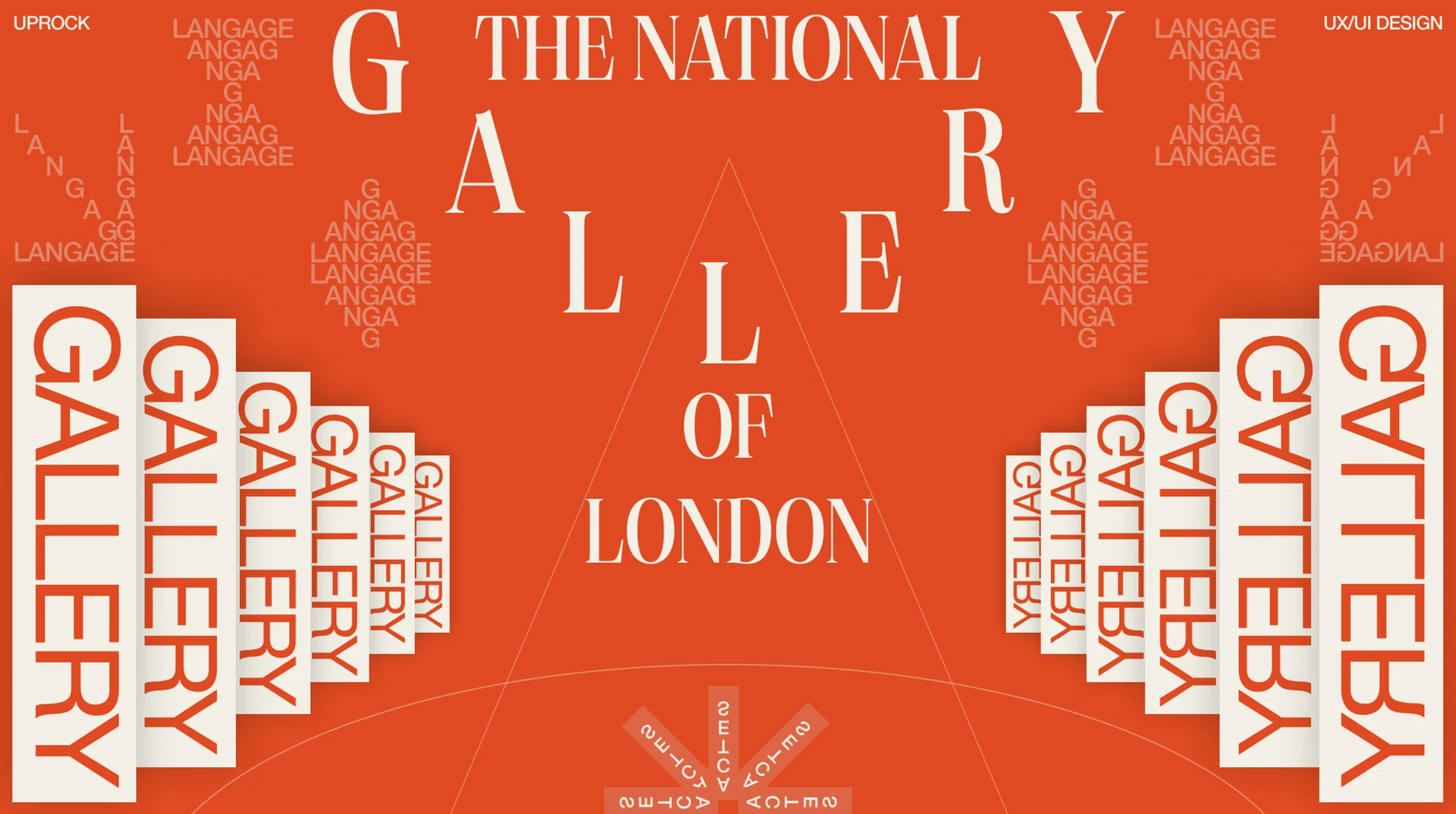 Bold orange poster layout with large serif headline reading the National Gallery of London and repeated vertical white panels labeled GALLERY on both sides.