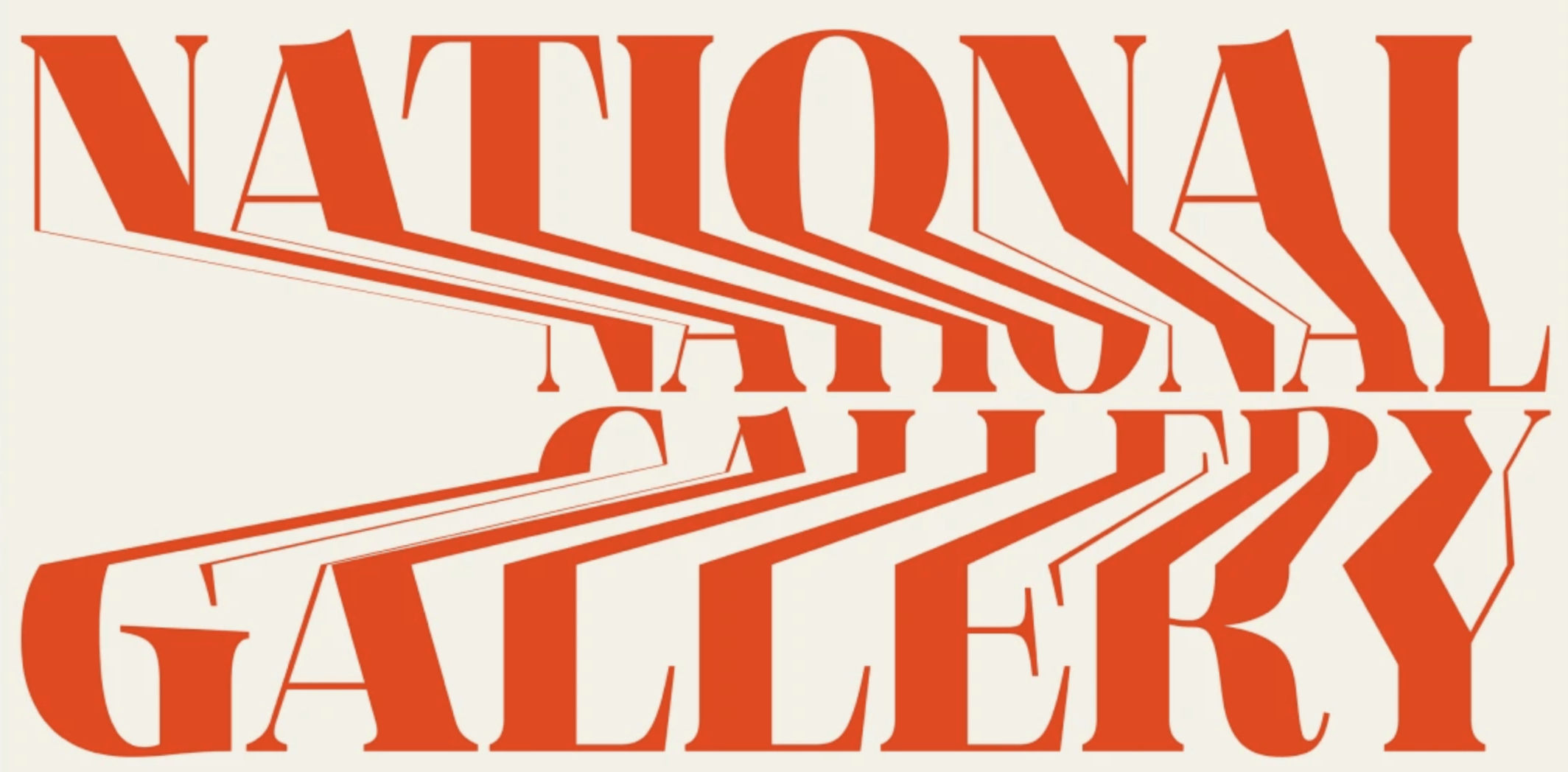 Bold red typographic composition with multiple overlapping slanted lines cutting through large serif letters set on a light background.