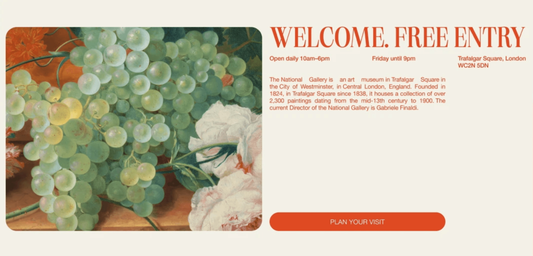 Cropped museum page showing a rounded still-life image and a text column with welcome heading.