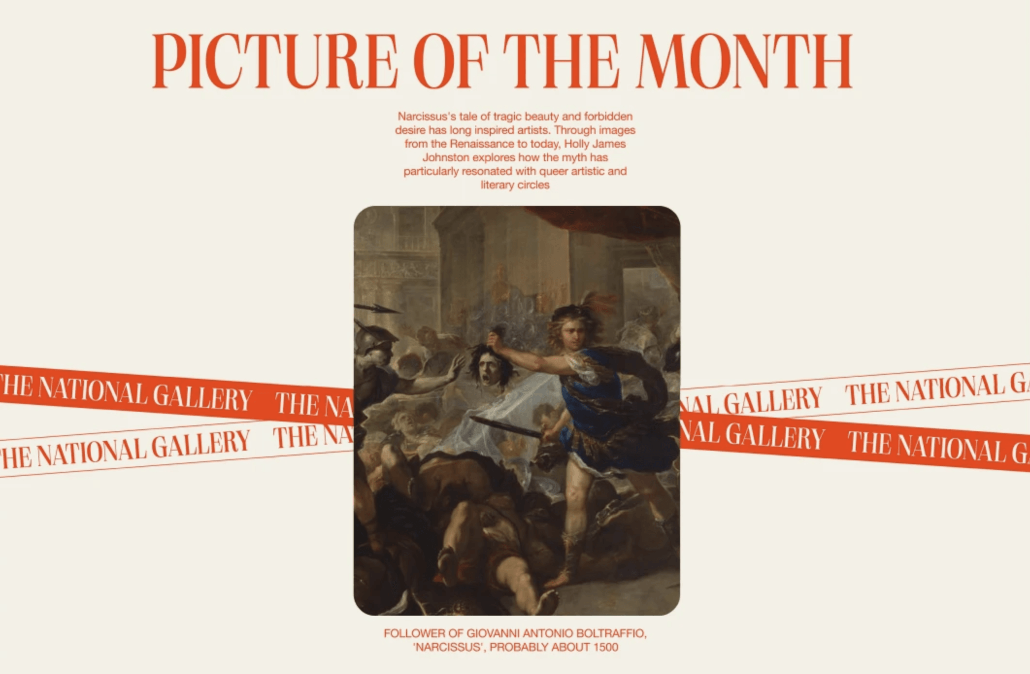Centered serif headline above a centered paragraph and a cropped classical painting with rounded corners.