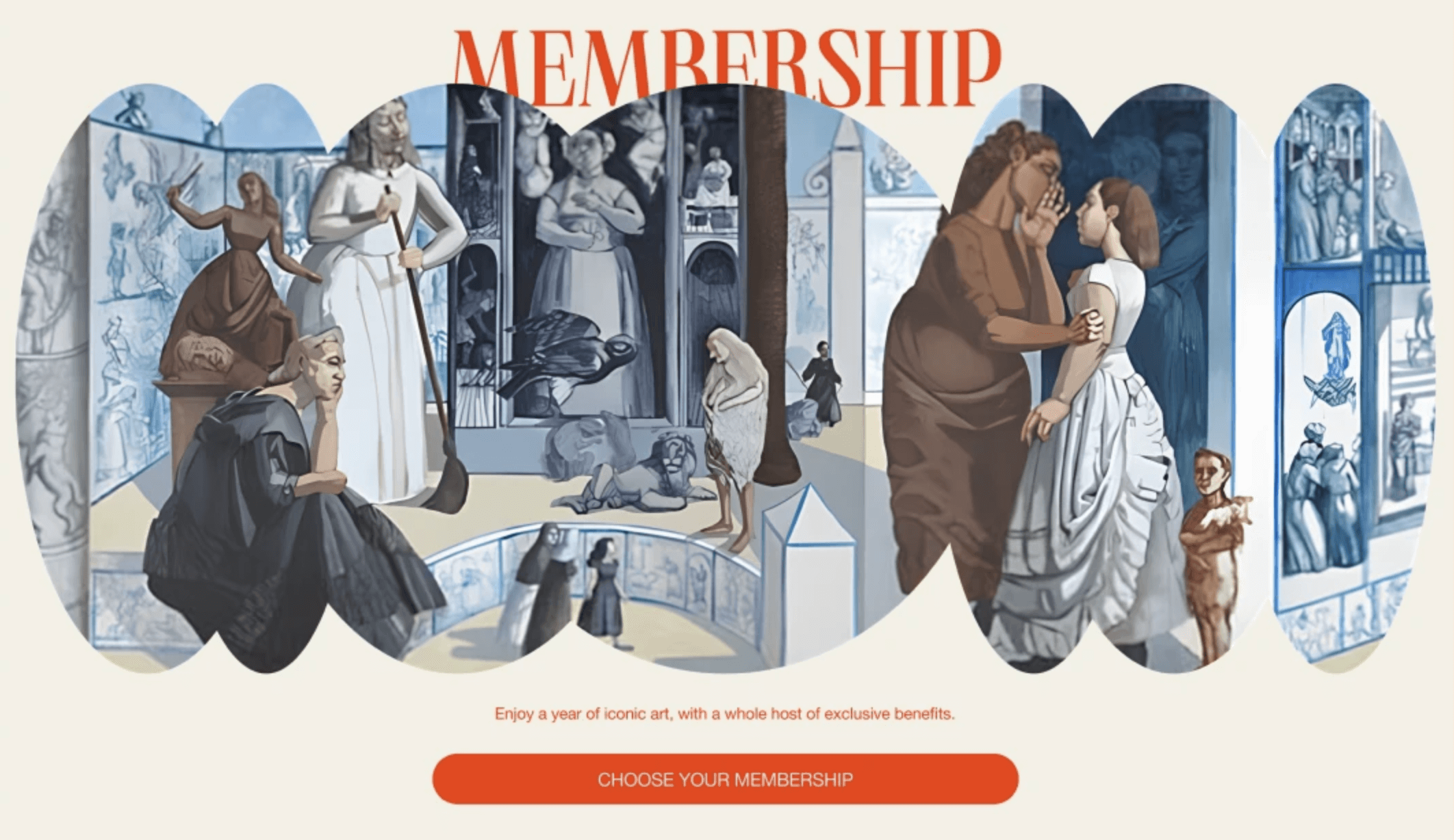 A collage-style hero with curved cutouts revealing classical and modern figures, text elements, and a bold orange call-to-action button at the bottom.