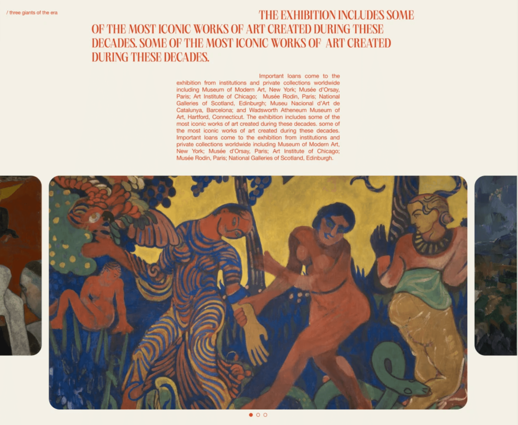 A gallery page shows a large block of orange typography on a pale background with rounded image cards at the bottom in a grid carousel.