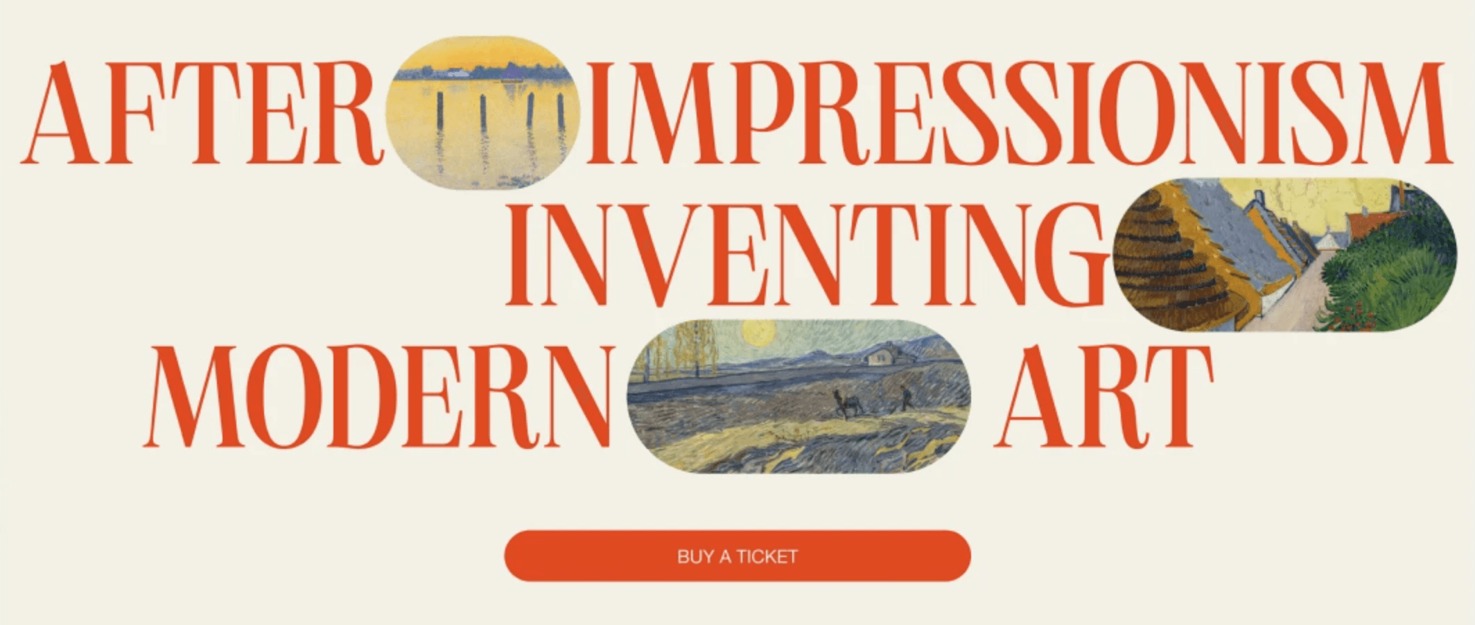 Large serif headline reads a museum exhibition title with three oval image cutouts showing impressionist paintings and a red rounded button below.