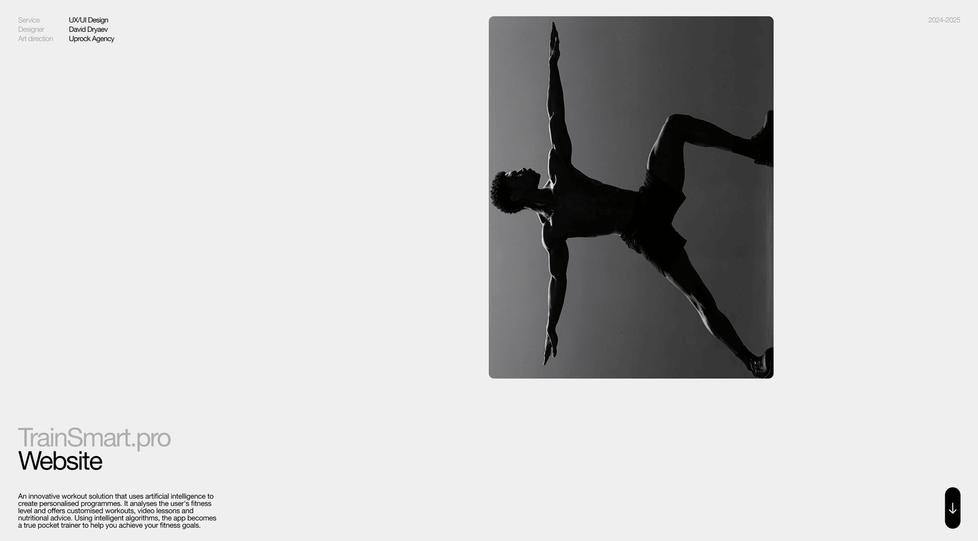 Minimal webpage layout with a large grayscale portrait of an athletic figure on the right and sparse text on the left.