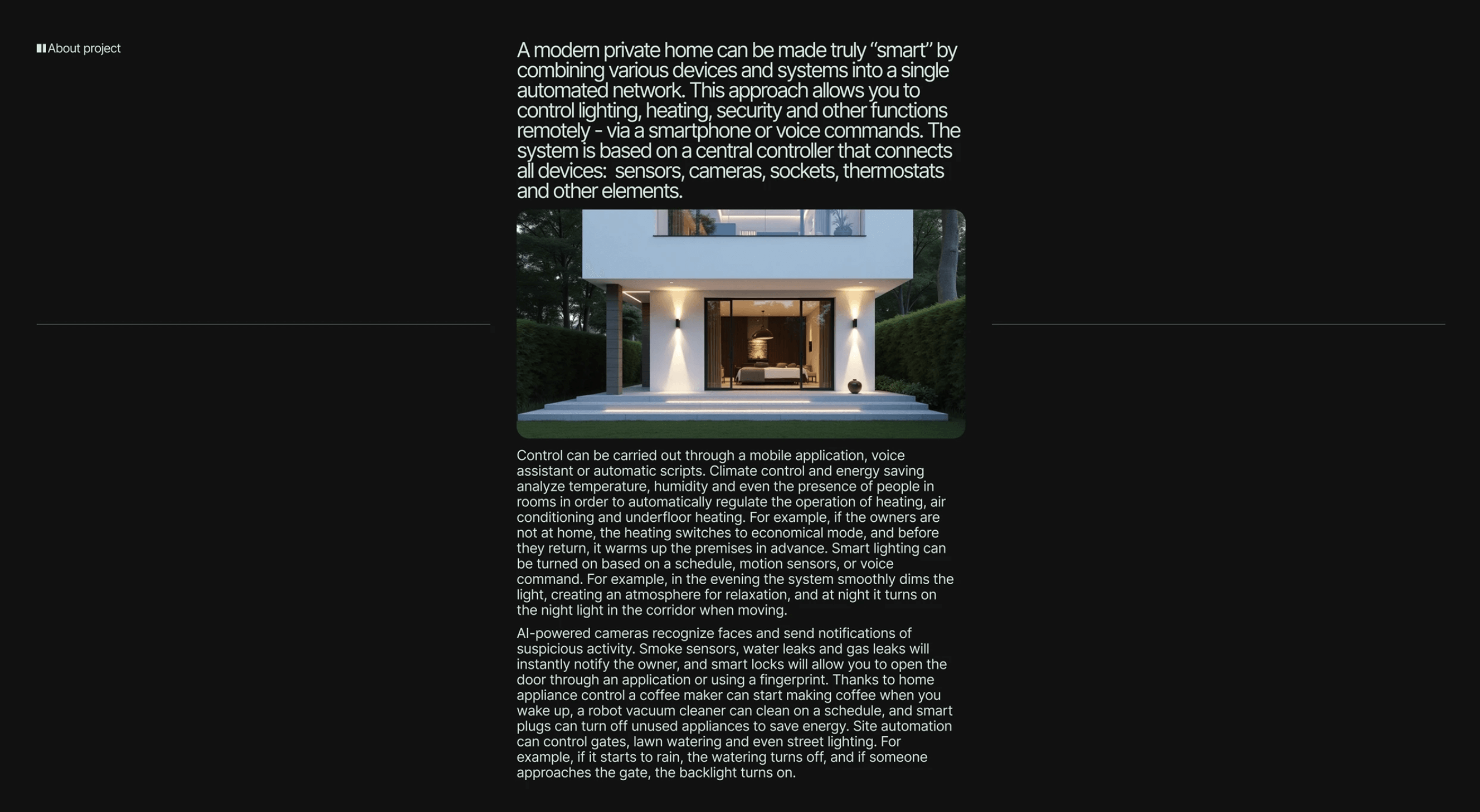 A modern private home with a white facade and large glass entrance, surrounded by a manicured lawn and tall hedges; text blocks above and below describe smart home systems.
