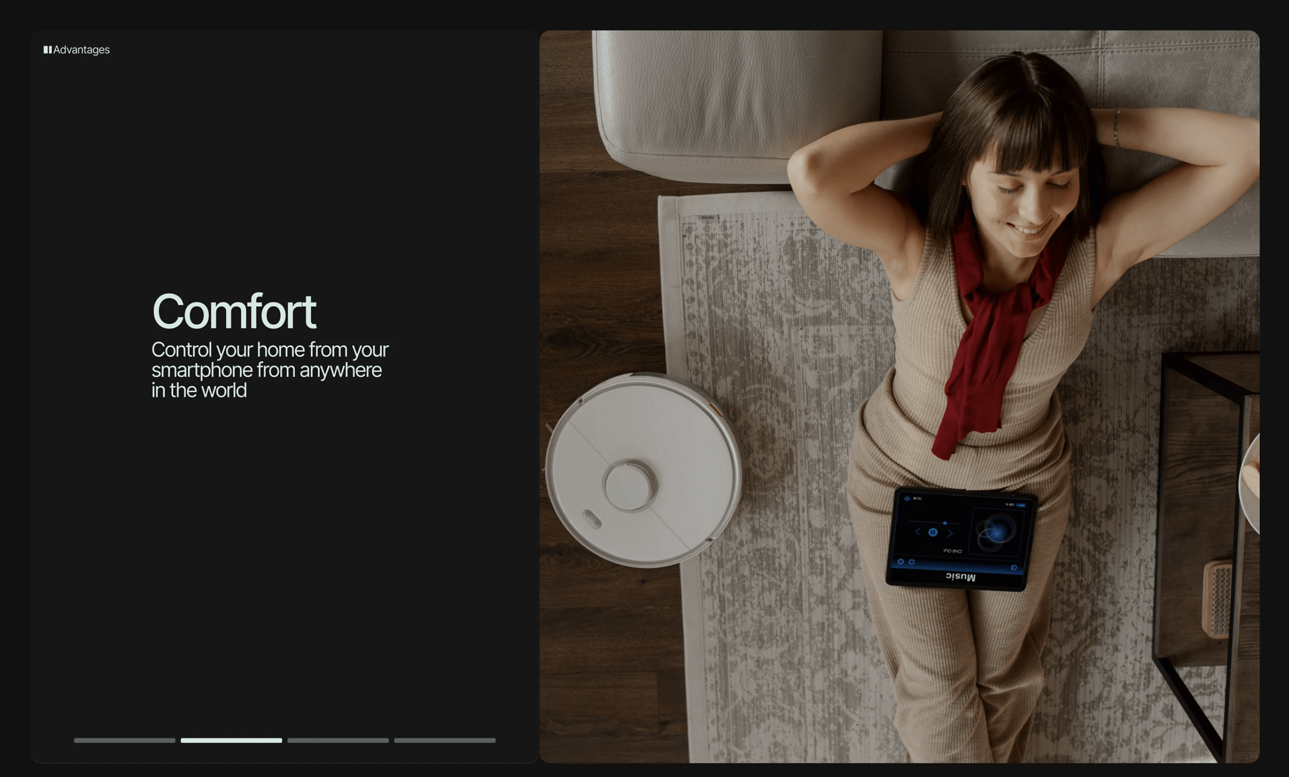 Minimal dark content panel with heading beside a person reclining and using a tablet.