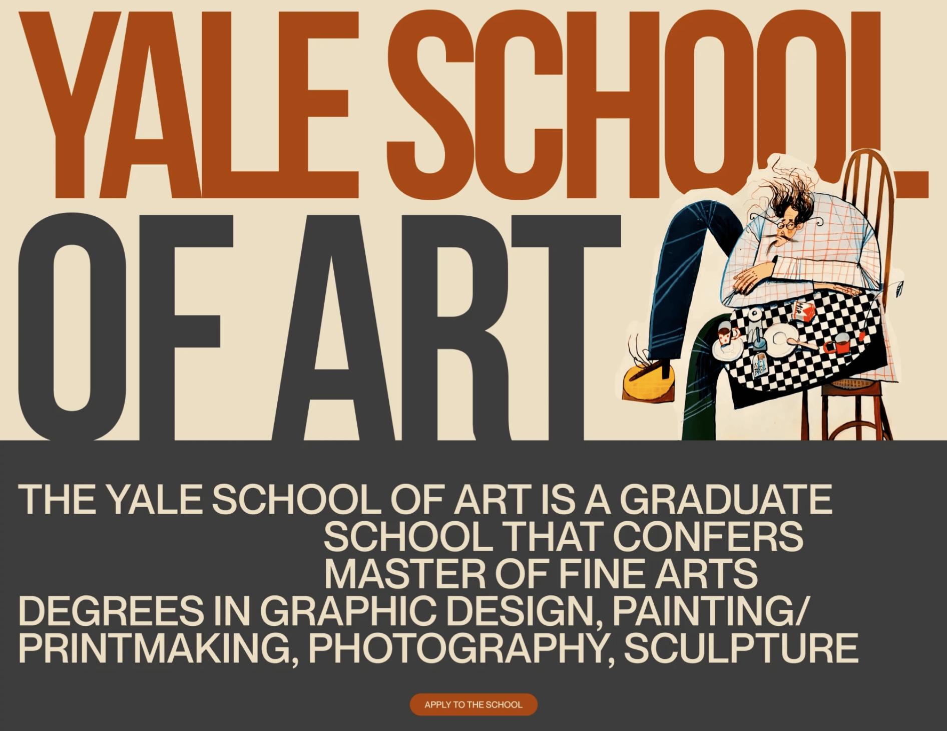 Large poster-style typography with bold, overlapping words in orange and dark gray over a beige background, featuring a cartoonish figure seated at a table on the right side.