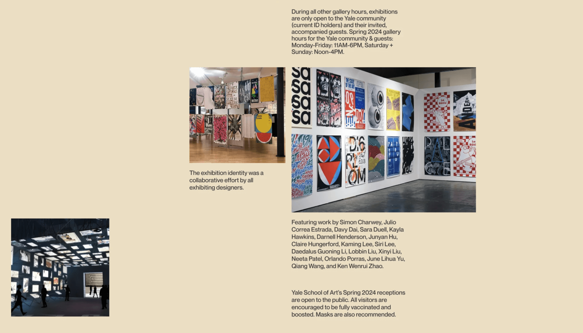A gallery wall with colorful posters and prints arranged in a grid, with beige background and multiple blocks of text adjacent to the images.